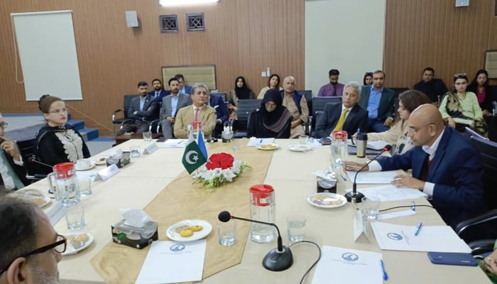 CISS, AJK and IRS Islamabad during a joint event as President IRS Ambassador Nadeem Riyaz speaks during a session Narratives on Kashmir in Islamabad in this picture released on October 25, 2023. — Facebook/CISS AJK