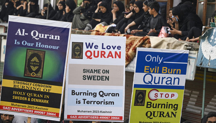 Muslims protest against the burning of the Holy Quran in Kashmir on July 29, 2023. — AFP
