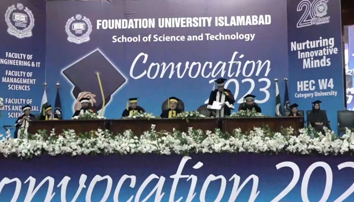 This screengrab taken from a video released on  October 26, 2023, shows a moment during a convocation ceremony at the FUI. — Facebook/Foundation University Islamabad