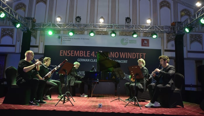 This picture released on October 25, 2023, shows a classical music performance by the famous German ‘Ensemble 4.1 Piano Windtet in Islamabad. — Facebook/German Embassy Islamabad
