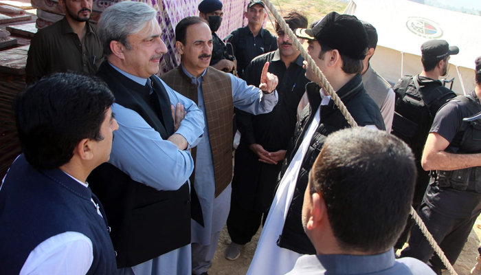 Additional Chief Secretary (Interior) Abid Majeed (2nd-L) listens to an official, along with other provincial high-ups during a visit to the Torkham border and the Afghan transit camp in Landikotal on October 28, 2023. — Facebook/Commissioner Peshawar Division, Peshawar