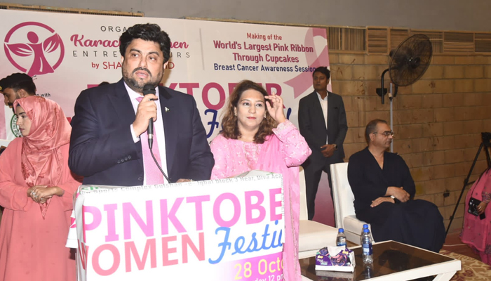 The Sindh governor Karman Tessori while speaking at a festival organised by PINKtober on October 29, 2023. — X/@KamranTessoriPk