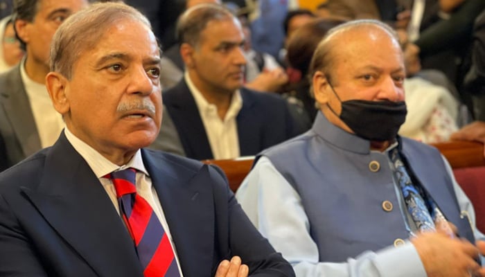 PMLN President Shehbaz Sharif can be seen in this picture sitting with the party supremo and elder brother Nawaz Sharif in this picture released on October 24, 2023. — X/@pmlndigitalpk