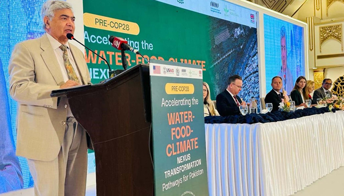 Caretaker Federal Minister for National Food Security and Research Dr Kausar Abdullah Malik addressing the PRE-COP28 Accelerating The Water-Food-Climate Nexus Transformation Pathways For Pakistan in Islamabad on October 30, 2023. — Facebook/Ministry of National Food Security & Research