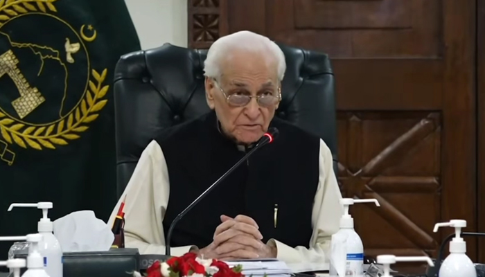 Caretaker CM Muhammad Azam Khan while chairing a meeting in this still taken from a video released on October 30, 2023. — Facebook/Government of Khyber Pakhtunkhwa