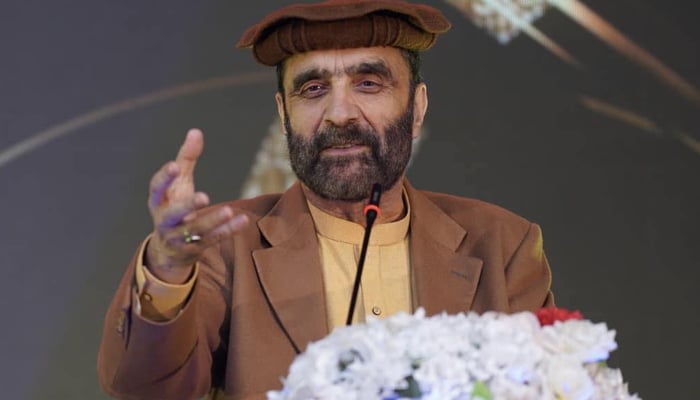 A Pashto poet, author and literary figure, Laiq Zada Laiq gestures as he speaks during an event in this photograph released on June 19, 2023. — Facebook/Layaq Zada Layaq