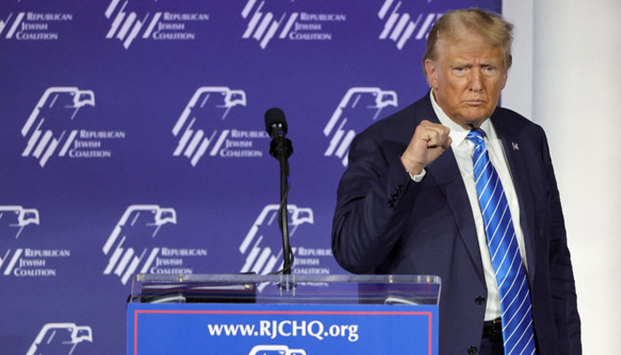 Donald Trump gestures after speaking during the Republican Jewish Coalitions Annual Leadership Summit at The Venetian Resort Las Vegas on October 28, 2023 in Las Vegas, Nevada. — AFP