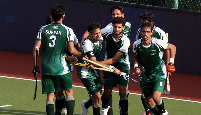 The picture shows the Pakistani side in Sultan Johar Baru Junior Hockey Cup underway in Johar Baru (Malaysia). — The News/File