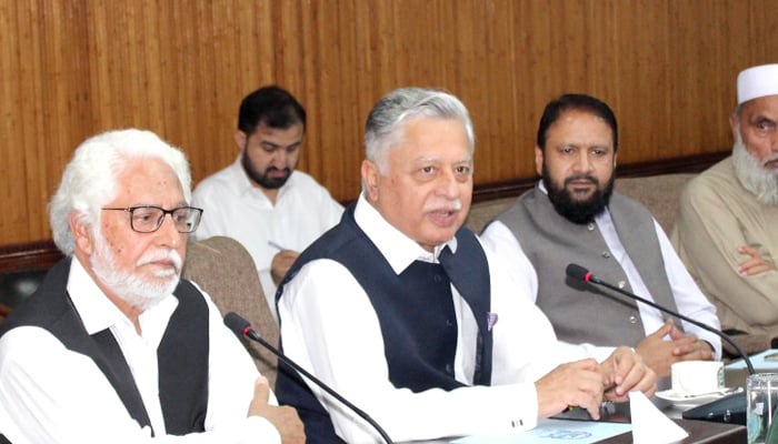 SCCI president Fuad Ishaq speaks during a meeting in this photo released on October 25, 2023. — Facebook/Sarhad Chamber Peshawar