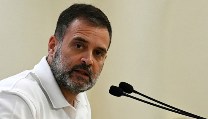 India’s Congress party leader Rahul Gandhi speaks during a media briefing at the party headquarters in New Delhi on October 18, 2023. — AFP