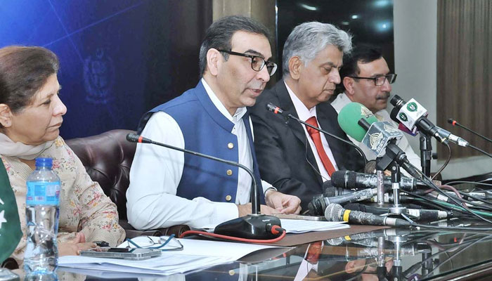 Caretaker Minister for Energy and Petroleum Muhammad Ali addresses a press conference at PIDMedia Centre on September 15, 2023. — APP