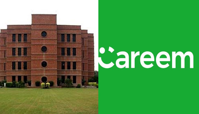 The image shows the building of the Lahore University of Management Sciences (LUMS) and the logo of the Careem app. — LUMS/Careem