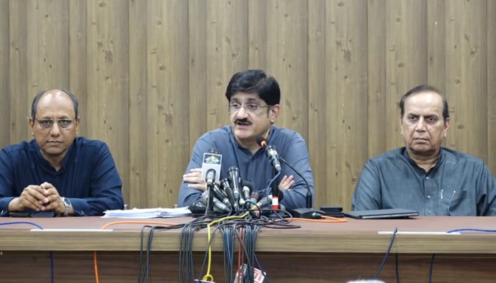 This screengrab shows former Sindh chief minister Syed Murad Ali Shah speaking during a press conference at the Media Cell Bilawal House on November 1, 2023. — Facebook/Pakistan Peoples Party - PPP