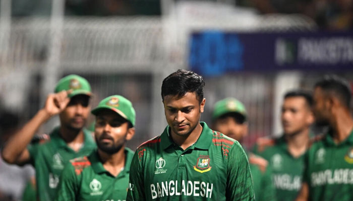 Bangladesh captain Shakib Al Hasan leads his team off the field following defeat to Pakistan in the World Cup on Tuesday. — AFP