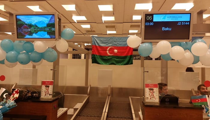This image shows the welcome decoration for the first flight of Azerbaijan Airlines from Baku to Islamabad International Airport on November 2, 2023. — Facebook/Pakistan Civil Aviation Authority