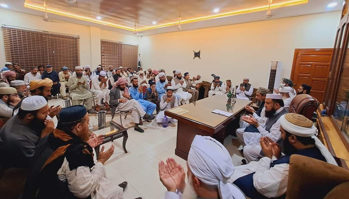 The image released on November 1, 2023, shows Jamiat Ulema-e-Islam-Sami (JUIS) in session at Akora Khattak. — Facebook/Mulana Ayoub Khan