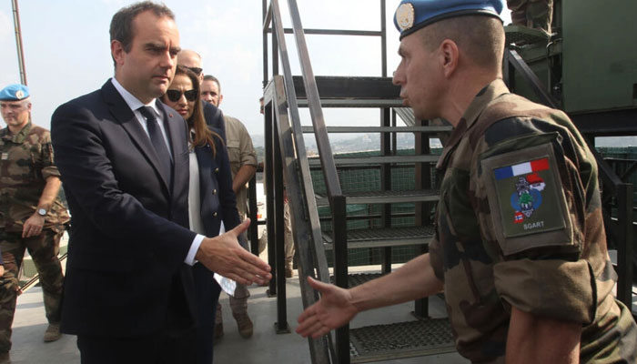 French Defence Minister Sebastien Lecornu (L) visits his countrys contingent in the UN peacekeeping force in south Lebanon, telling them their mission has never been so important. — AFP