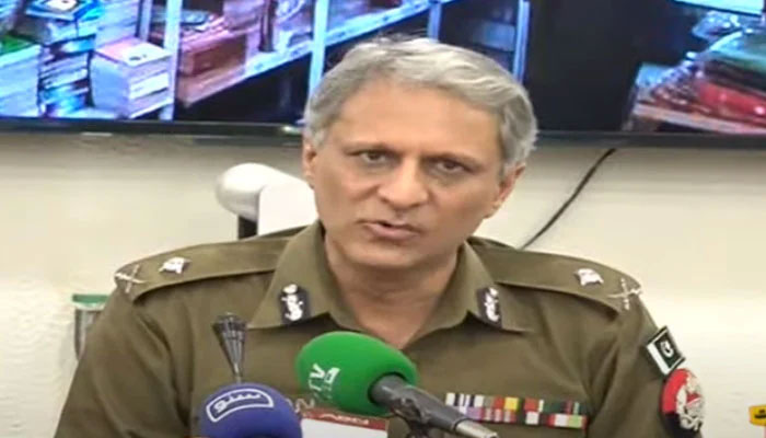 Punjab Inspector General Police (IGP) Dr Usman Anwar speaking during a press conference in Lahore on August 28, 2023, in this still taken from a video. — YouTube/Geo News