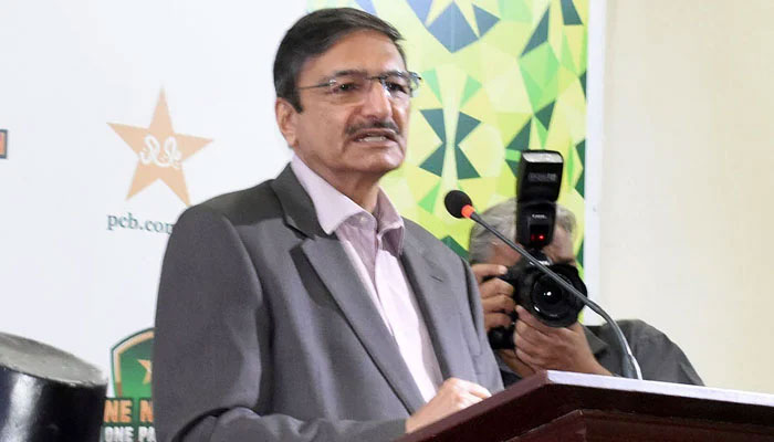 PCB Management Committee Chairman Zaka Ashraf talking to media persons after unveiling the new kit of Pakistan Cricket Team for Asia Cup, at Gaddafi Stadium in Lahore.  — Online/File