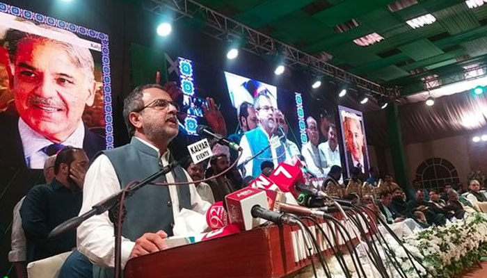 In this photo released on Oct 18, 2023, Pakistan Muslim League (PMLN) leader Sardar Awais Leghari speaks to a public gathering. — Facebookakleghari