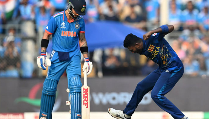 Sri Lankas Dilshan Madushanka celebrates after taking the wicket of Indias Virat Kohli. — AFP/File
