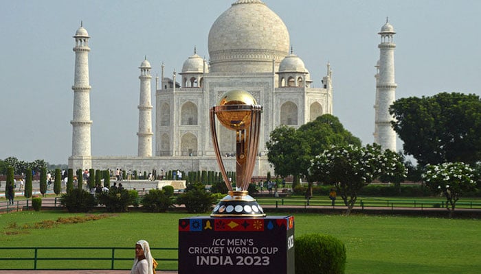The ICC Mens Cricket World Cup 2023 trophy is displayed at the Taj Mahal in Agra on August 16, 2023. — AFP/File