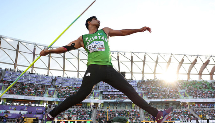 Pakistans Arshad Nadeem competes in the Mens Javelin Throw qualification on day seven of the World Athletics Championships Oregon22 at Hayward Field on July 21, 2022 in Eugene, Oregon. — AFP