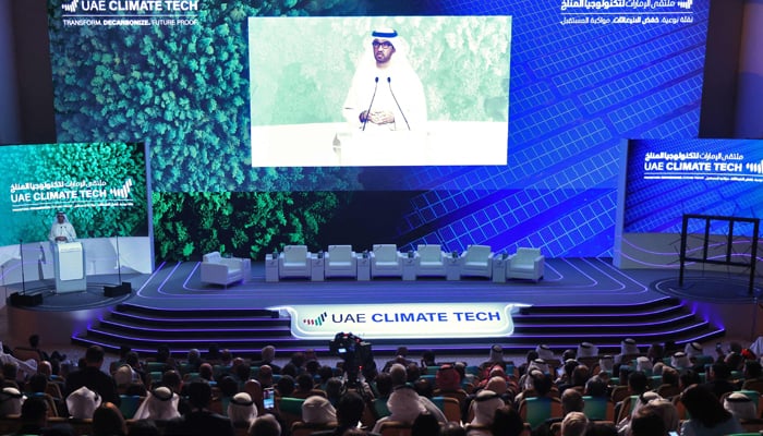 Sultan al-Jaber, chief executive of the UAEs Abu Dhabi National Oil Company and president of this years COP28 climate, talks during the UAE Climate Tech conference in Abu Dhabi Energy centre on May 10, 2023. — AFP