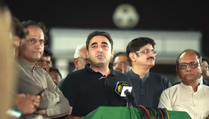 Pakistan Peoples Party (PPP) Chairman Bilawal Bhutto Zardari talks to the media as visits the Gizri football stadium, Karachi. — Facebook/BilawalBhuttoZardariPk