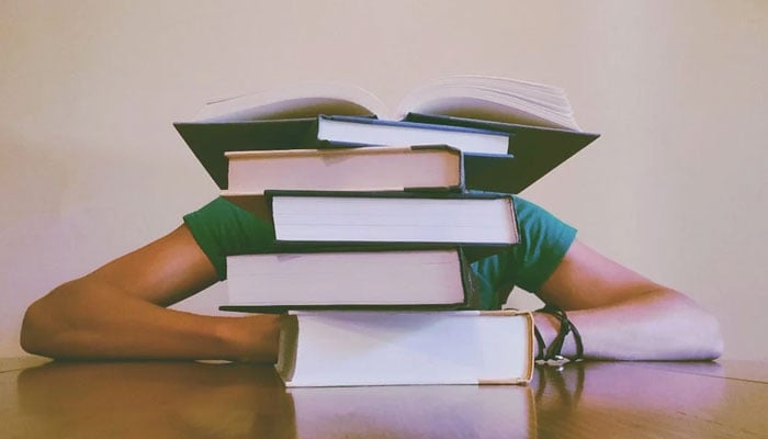 A representational image of a person behind a pile of books. — Pexels