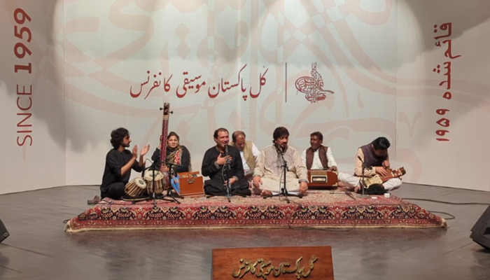 This still taken from a video released on October 28, 2023 shows Ustad Hamid Ali Khan (C-2nd) performing with others during the All Pakistan Music Conference. — Facebook/All Pakistan Music Conference