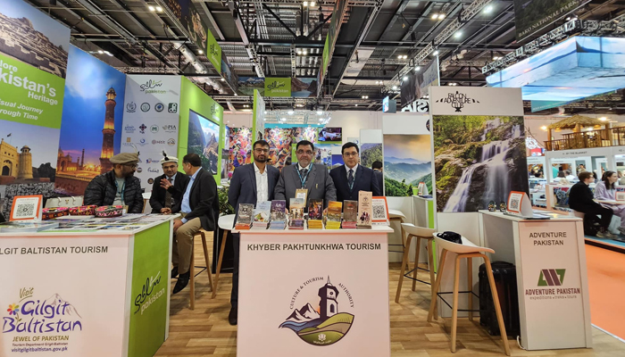 The KP Tourism Minister, Barrister Feroze Jamal Shah Kakahel (C) and other provincial officials at the World Travel Mart (WTM) in London on November 5, 2023. — Facebook/Khyber Pakhtunkhwa Culture and Tourism Authority