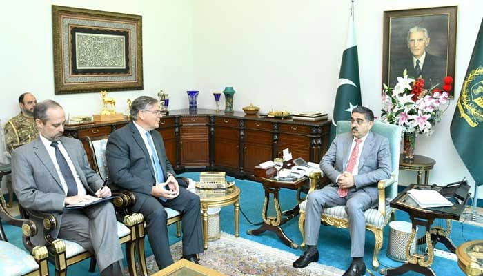 US Ambassador Donald Blome calls on Prime Minister Anwaar-ul-Haq Kakar at the PM Office on August 25, 2023. — PID