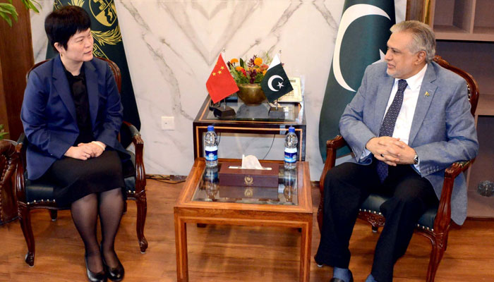 Chinese Charge D’affaires in Islamabad Pang Chunxue called on the PMLN’s Leader of the House in the Senate Muhammad Ishaq Dar at the Parliament House on Nov 7, 2023. — PID.