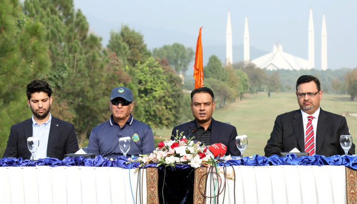 Commander North (Navy) and Patron Pakistan Navy Golf (North) Commodore Khan Mahmood Asif, along with Administrator Margalla Greens Golf Club Commander (R ) Majid Satti talked to media.at the Margalla Greens Golf Club (MGGC), Islamabad on Nov 8, 2023. —Facebook/DgprNavy