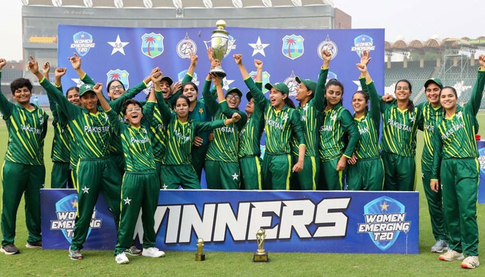 Pakistan Women A celebrate the tri-series win after defeating the West Indies Women A by 8 wickets at Gaddafi stadium. — Facebook/officialCricWick