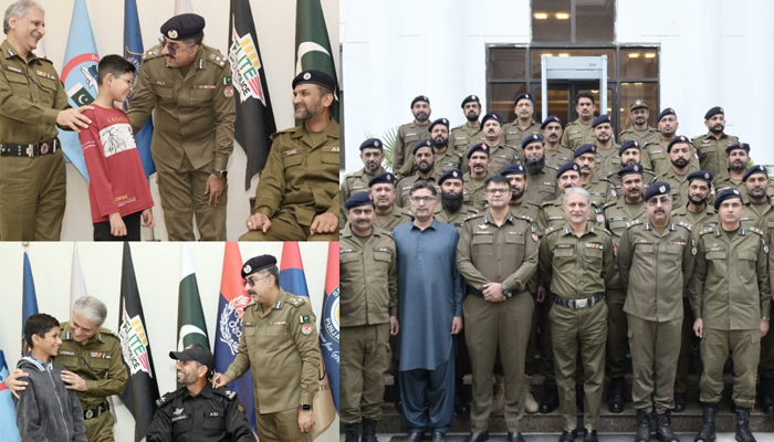 This combo released on November 8, 2023, shows IG Punjab Dr Usman Anwar speaking and interacting with the family members during a rank-pinning ceremony. — Facebook/Punjab Police Pakistan