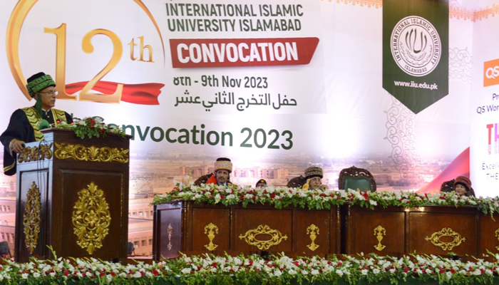 President Dr Arif Alvi speaks during the 12th convocation of IIU, Islamabad on November 8, 2023. — Facebook/International Islamic University, Islamabad (IIUI)