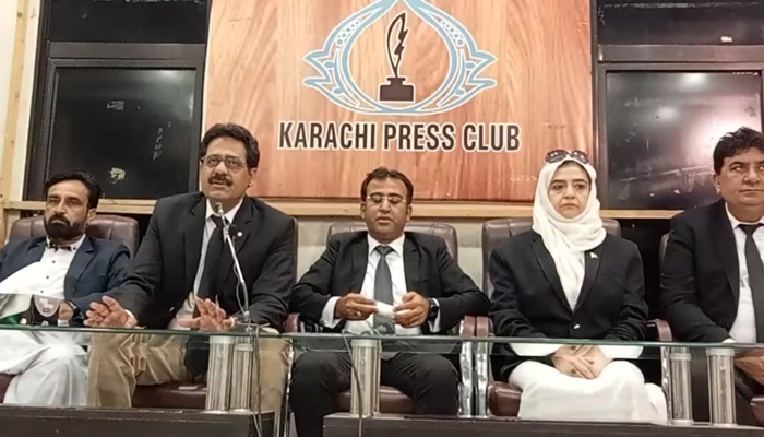 Barrister Fayaz Samor, the Sindh general secretary of the PTI’s Lawyers Forum speaks alongside other PTI Karachi officials during a press conference at the Karachi Press Club on November 8, 2023, in this still. — Facebook/PTI Karachi