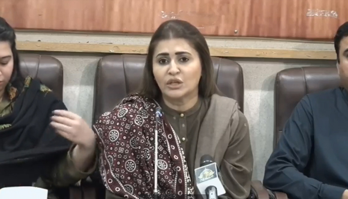 PPP Central Information Secretary Shazia Marri speaks during a press conference in Karachi in this still on November 8, 2023. — Facebook/Pakistan Peoples Party - PPP