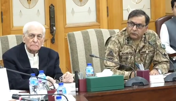 CM Muhammad Azam Khan (L) looks on flanked by Commander Peshawar Lt-Gen. Hassan Azhar Hayat during the provincial apex committee meeting in this still on November 8, 2023. — Facebook/Government of Khyber Pakhtunkhwa