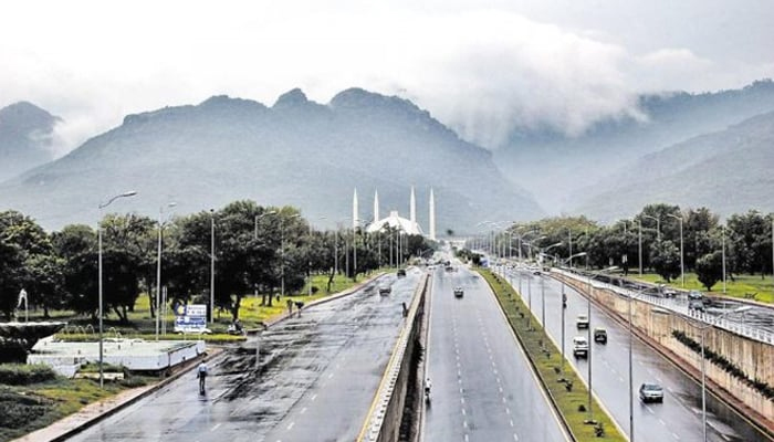 This image shows a road leading towards Islamabads Faisal Mosque after rain. — Radio Pakistan/File