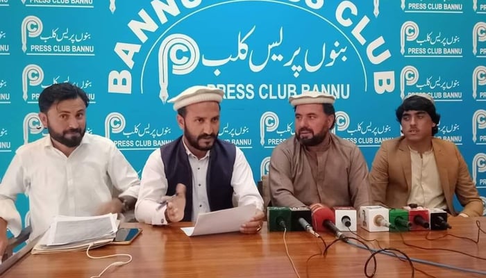 Local officials of North Waziristan speak during a press conference in Bannu on November 9, 2023. — Facebook/گاٶں آسدخیل