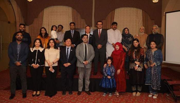 The picture shows the group photo from a a reunion for the participants of 2023 Global Korea Scholarships (GKS) organised by the Embassy of Korea in Pakistan. — Facebook/ MT News