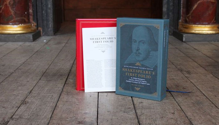 The image shows Shakespeares First Folio: 400th Anniversary Facsimile Edition: Mr. William Shakespeares Comedies, Histories & Tragedies. — Facebook/ShakespearesGlobe