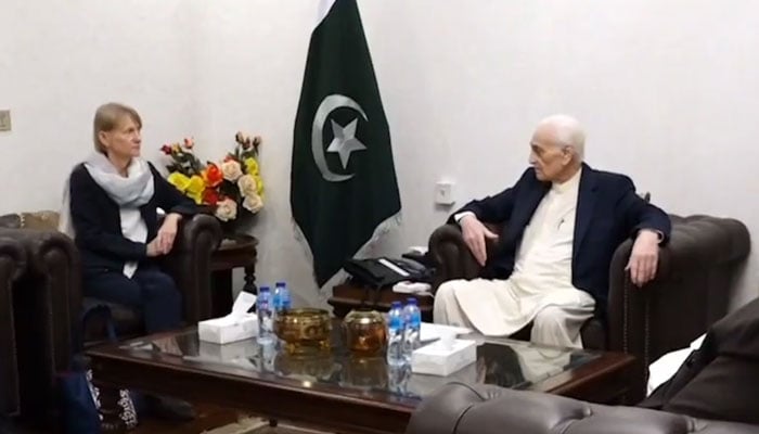A three-member delegation led by the representative of UNHCR for Pakistan, Ms Philippa Candler, called on the caretaker Chief Minister Muhammad Azam Khan —Screengrab of a video vrom X/KPChiefMinister