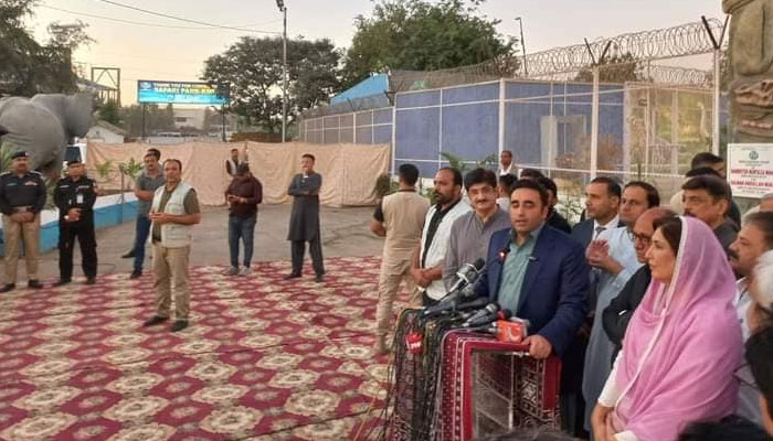 Pakistan People’s Party Chairman Bilawal Bhutto Zardari talks to the media at the Safari Park on Nov 10, 2023. — Facebook/mirza.tauseef.37