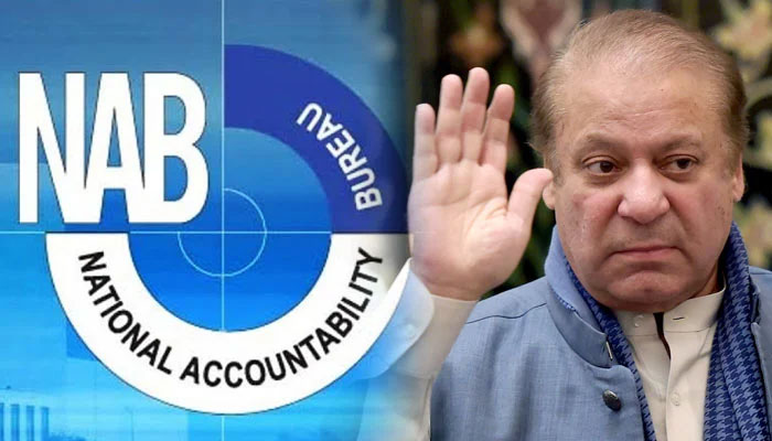The image shows the NAB logo along with a picture of Nawaz Sharif. — The News file
