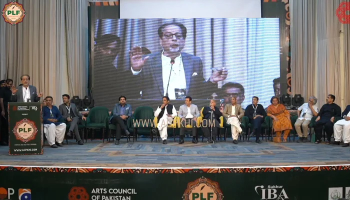 Panellists can be seen listening to a speaker during a closing ceremony of the two-day Pakistan Literature Festival 2023 Sukkur on October 29, 2023, in this still. — Facebook/Arts Council of Pakistan Karachi
