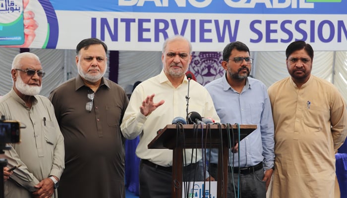 Karachi Jamaat-e-Islami Emir Hafiz Naeem ur Rehman gestures as he speaks to the media at the Idara Noor-e-Haq on November 11, 2023. — Facebook/Hafiz Naeem ur Rehman
